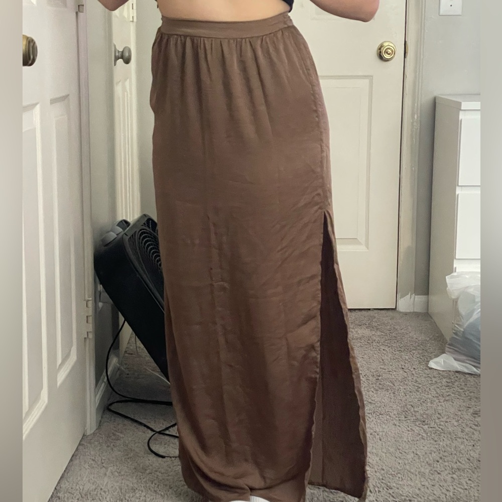 A long brown maxi skirt